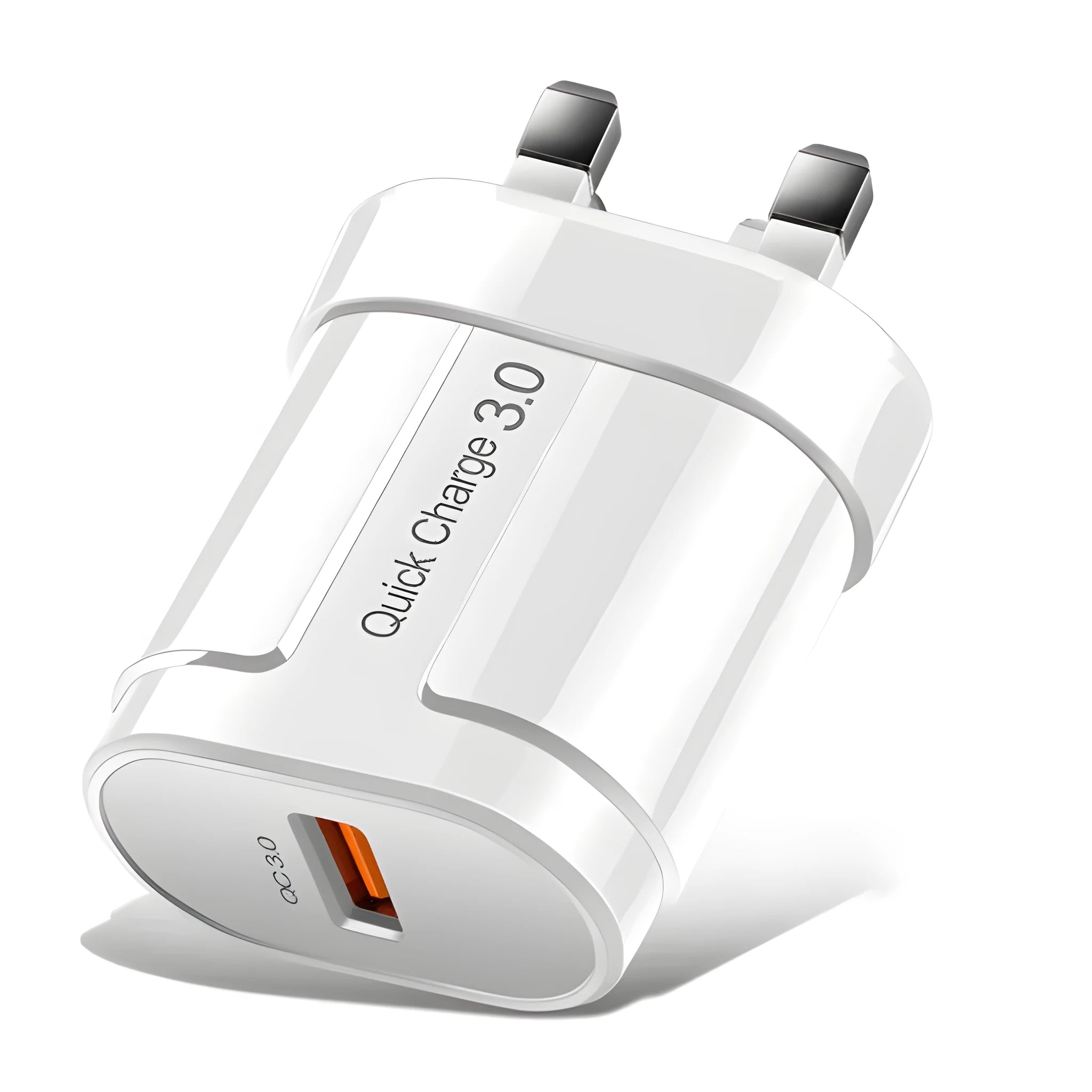 White and black smart charger for mobile phones with compact dimensions and multiple plug options