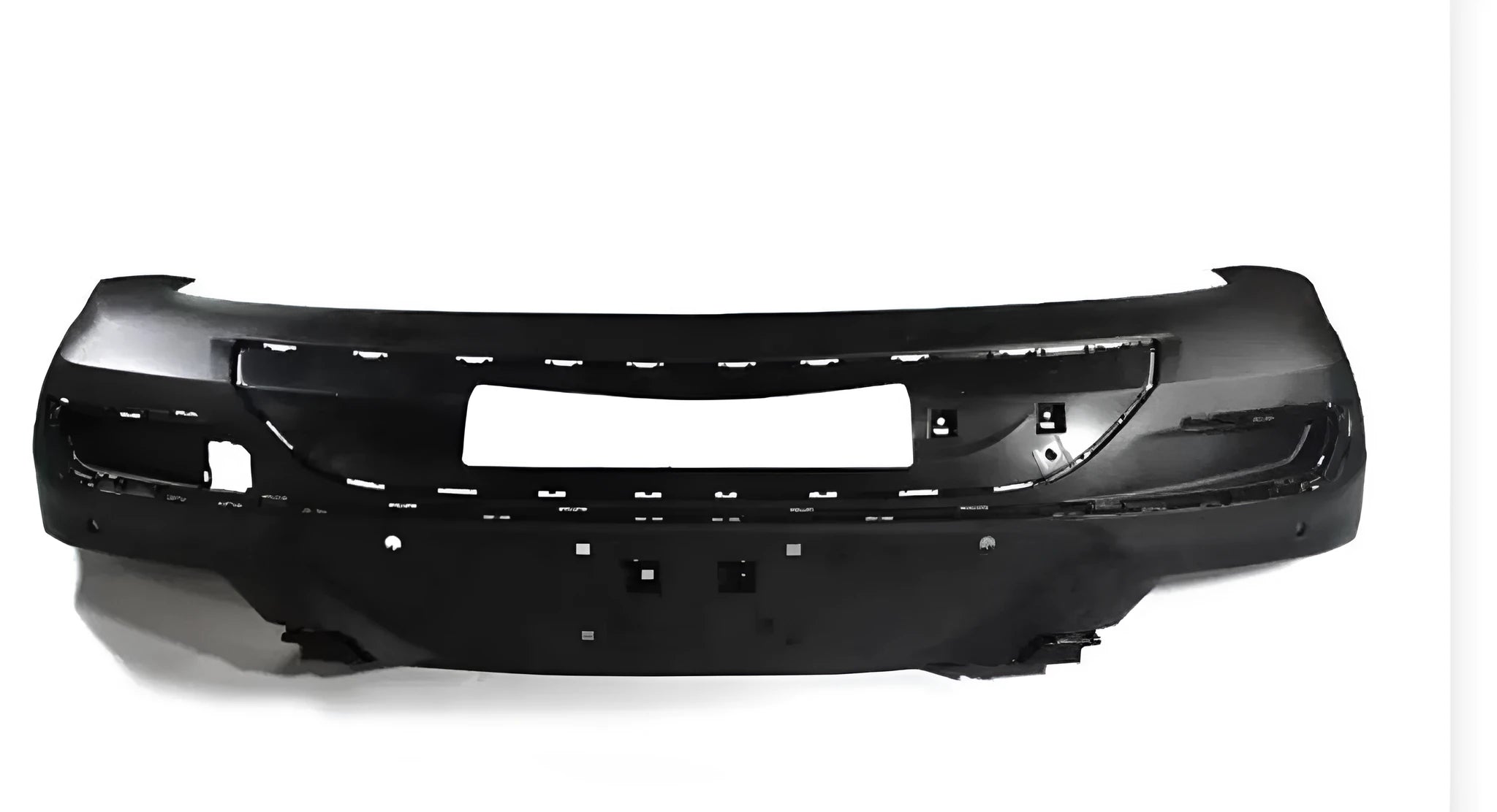 Black plastic replacement car bumper for vehicle front or rear end.