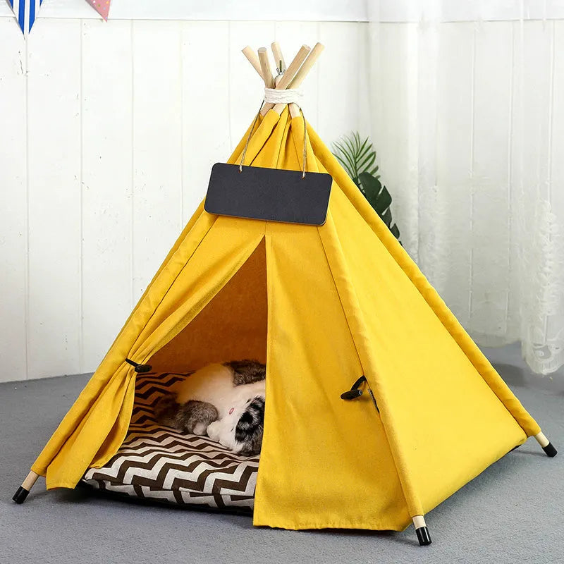 Striped linen pet teepee tent with cushion for a small dog or cat