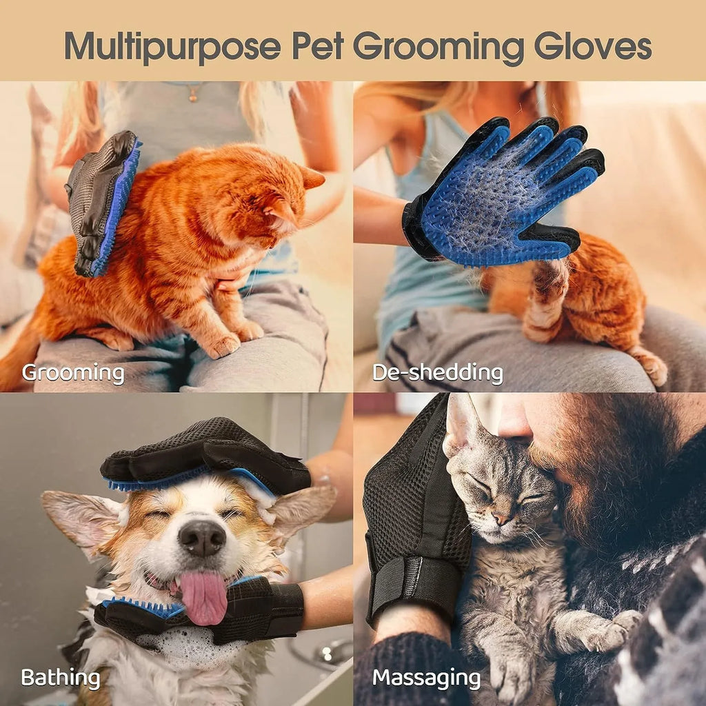 Blue pet grooming gloves with silicone massage tips for dogs and cats