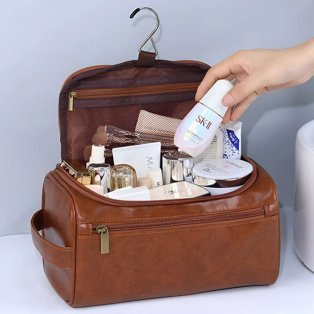 Large capacity waterproof cosmetic bag in retro style with skincare and makeup items inside