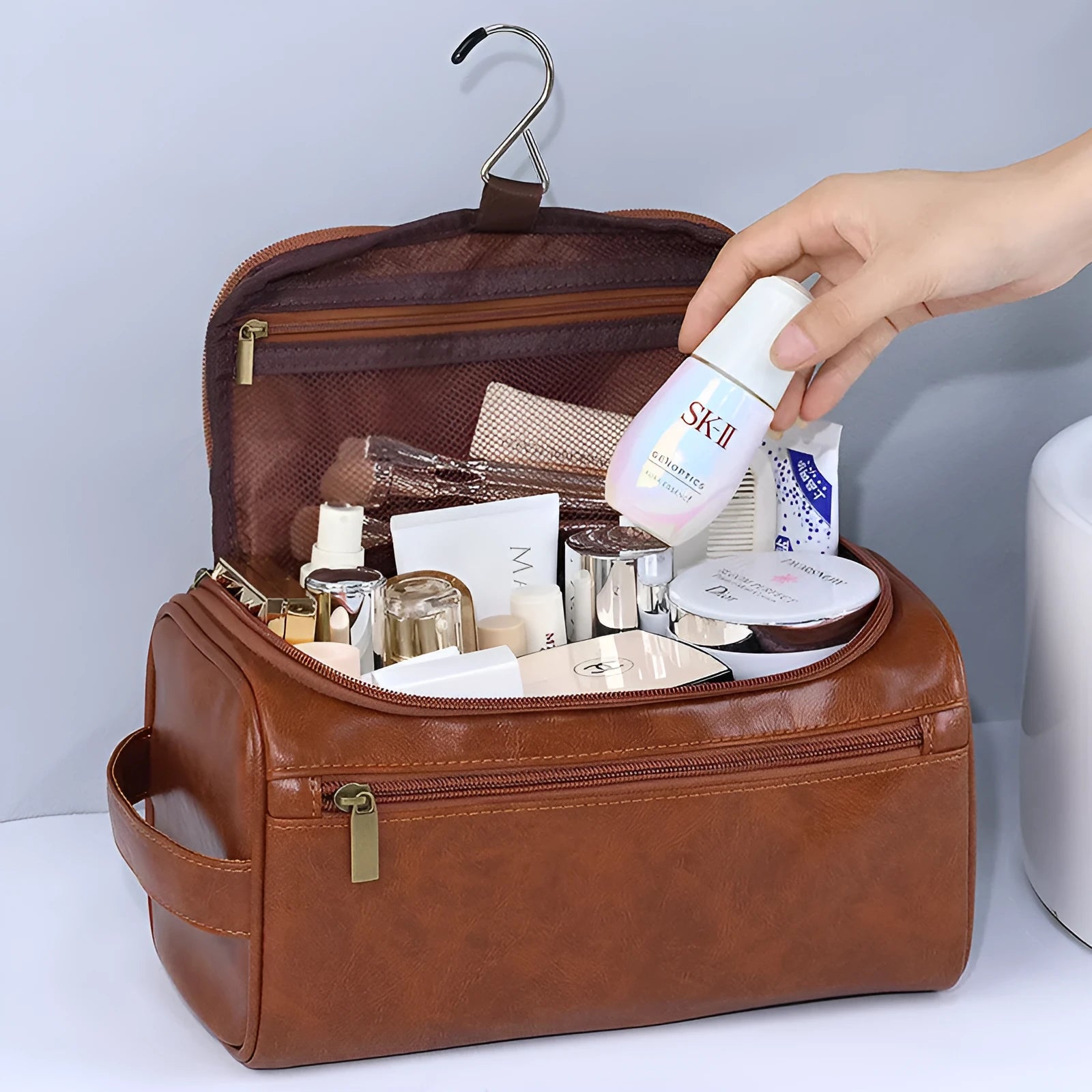 Large capacity waterproof cosmetic bag in retro style with skincare and makeup items inside