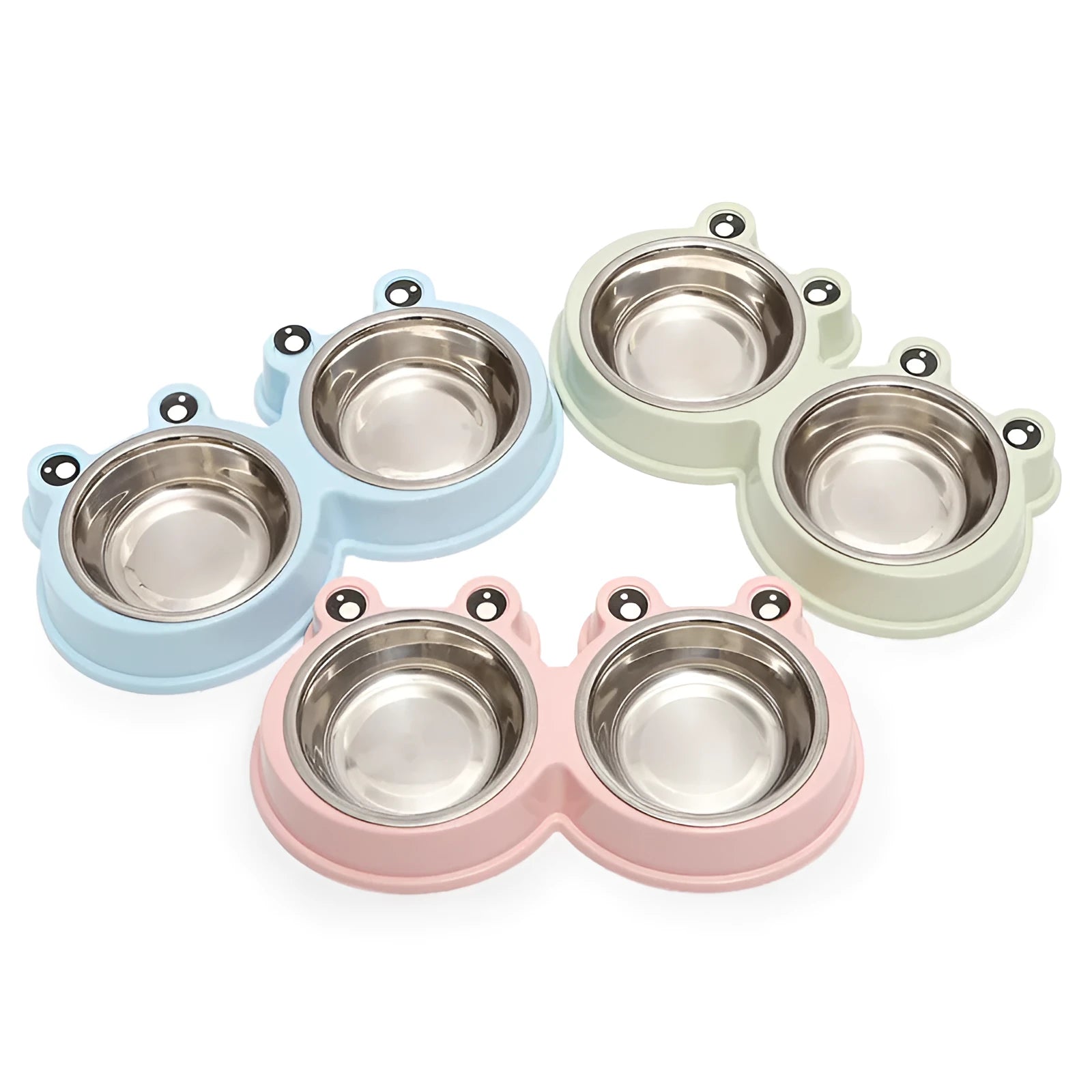 Stainless steel pet double bowl with frog design in blue, for food and water