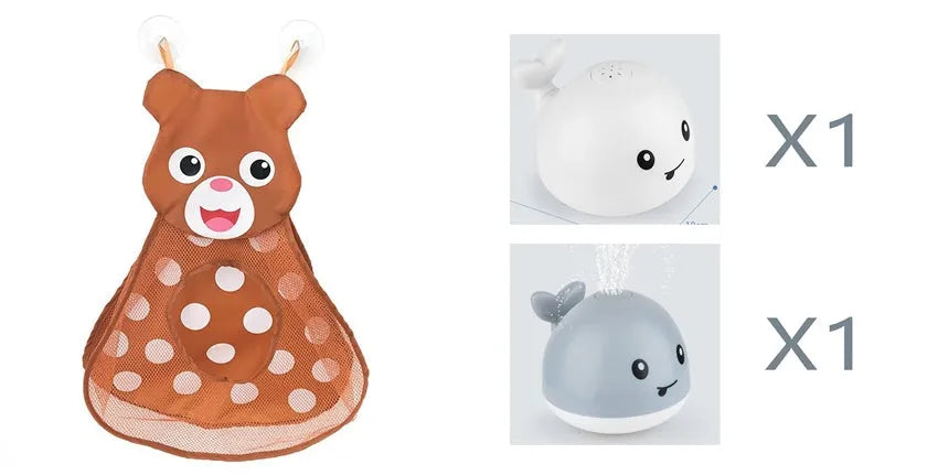 White and blue whale-shaped bath toy with water spray and LED lights floating in water
