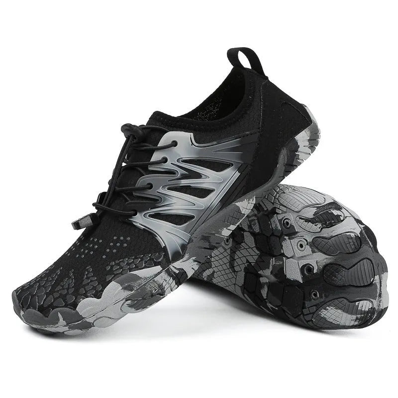 Men's and women's quick-drying lace-up wading shoes with mesh upper and textured rubber sole.