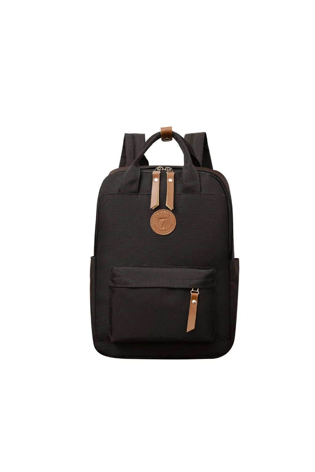 Black Oxford cloth unisex backpack with curved shoulder straps and retro sewing thread detailing