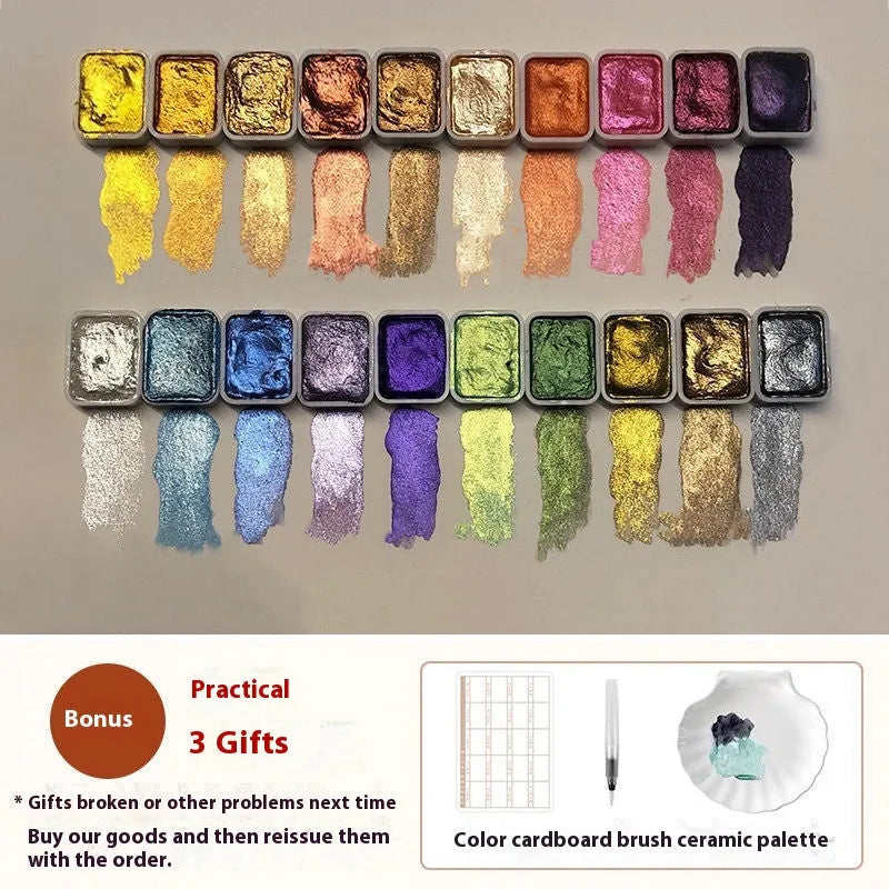 Traditional Chinese painting watercolour set with tubes of red, white, gold, and warm and cold colour palettes.