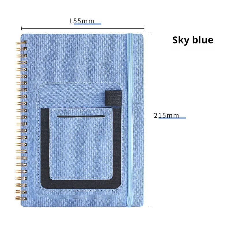 A5 erasable coil notebook with stone paper and pen on wooden surface