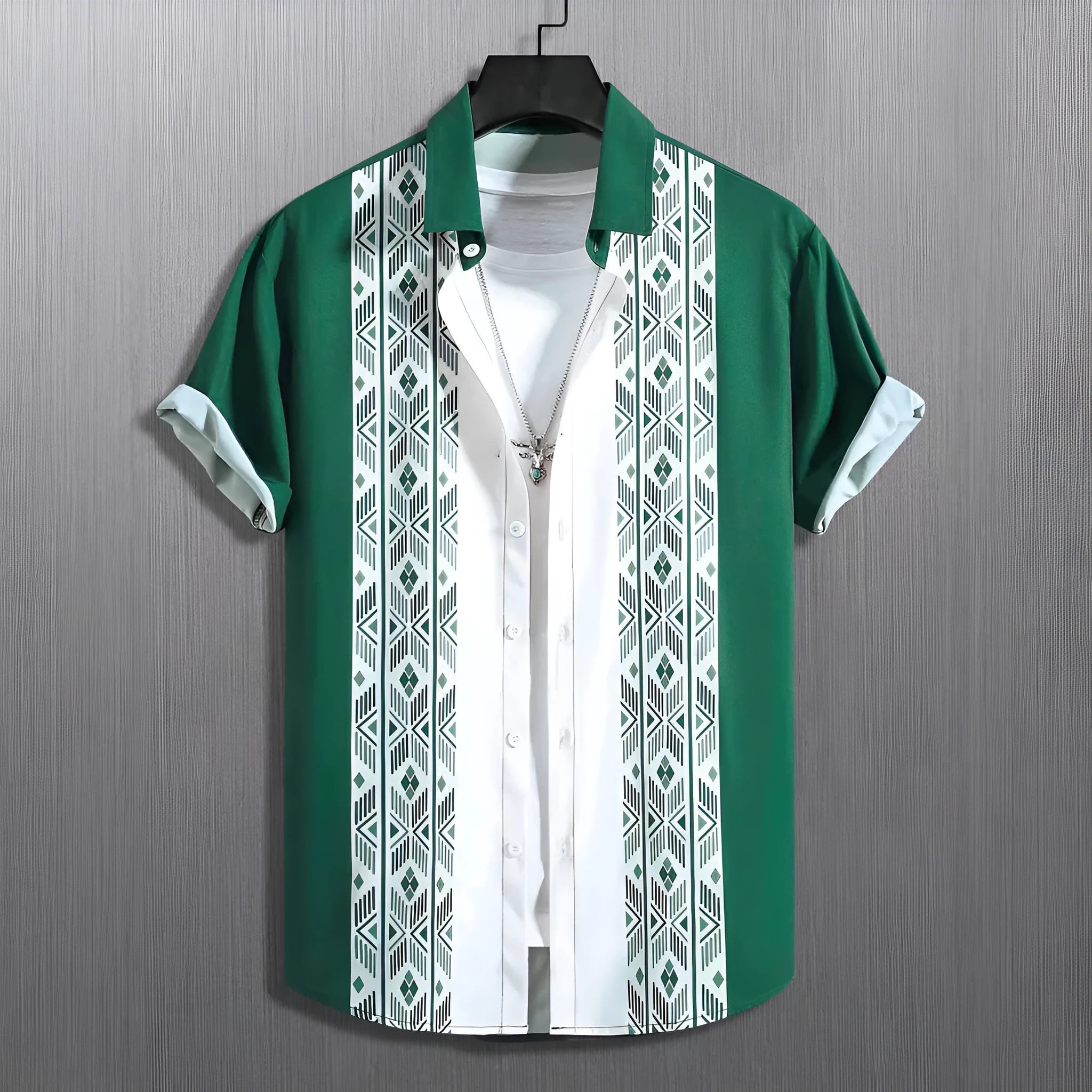 Men's plaid short-sleeve shirt cardigan with lapel collar showing elastic fabric detail