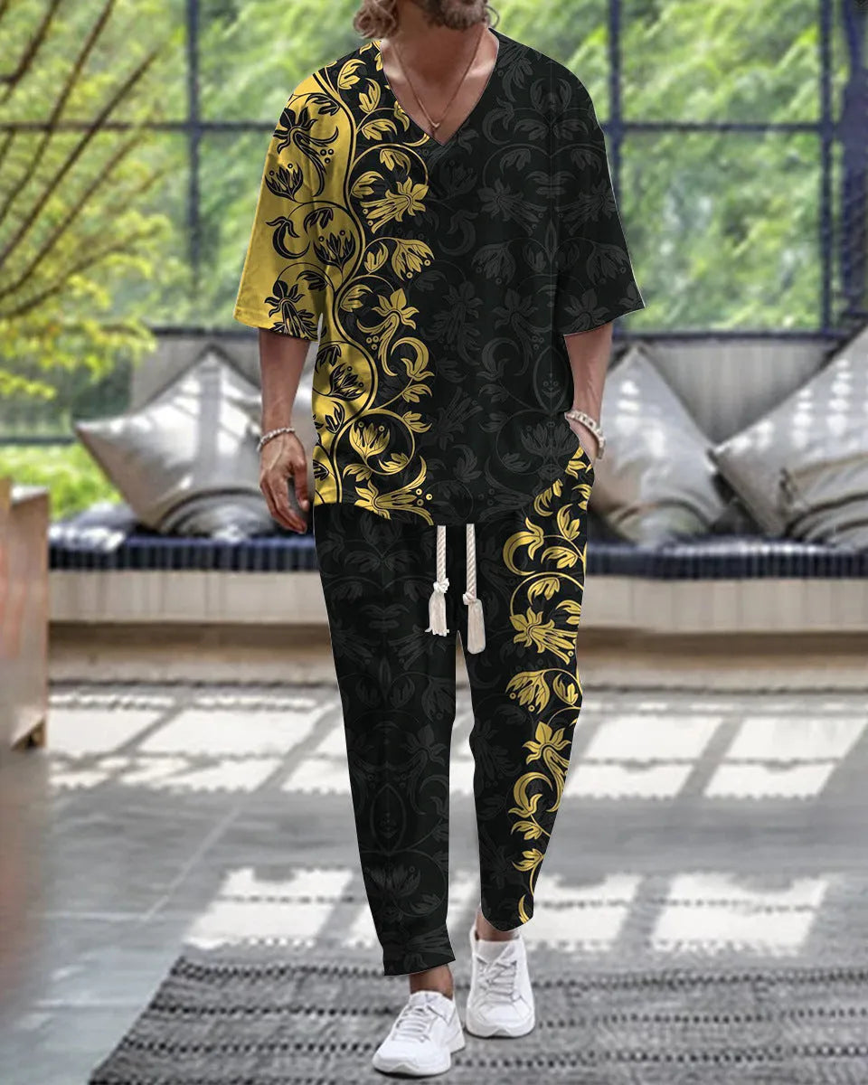 Polyester cropped sleeve V-neck jacket and trousers suit set on a hanger.