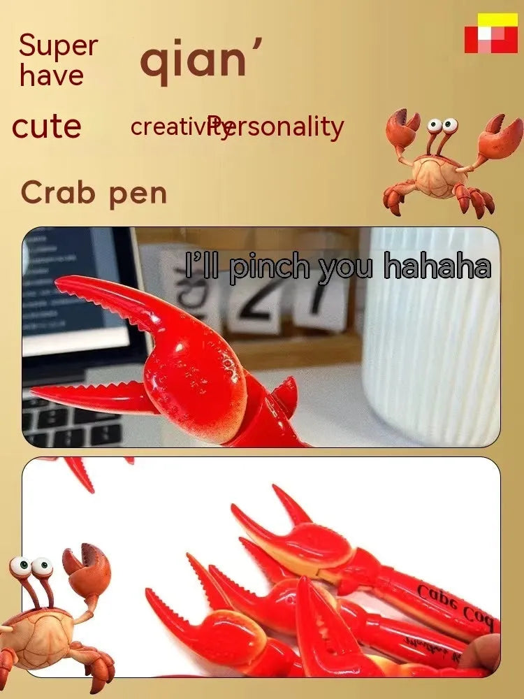 Crab-shaped ballpoint pen with pressable clip mechanism showing crab design details