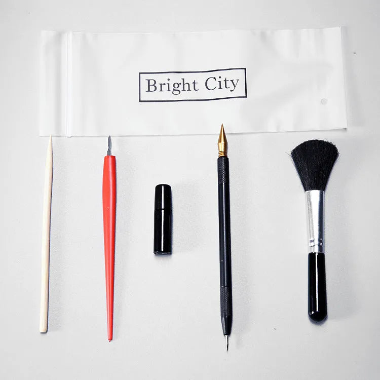 Scratch painting tool kit with scraper pen, repair solution, brush, and bamboo stick for artwork detailing
