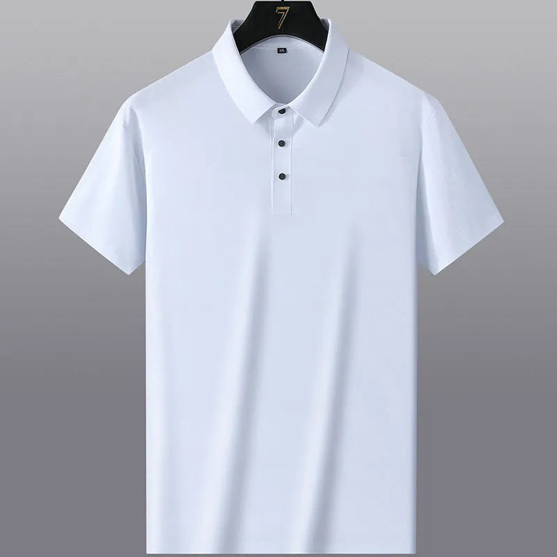 Men's solid colour non-ironing short sleeve shirt in a business casual style on a hanger.