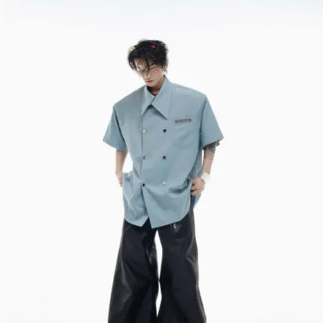Men's loose-fit casual summer shirt with spliced design details and lapel collar