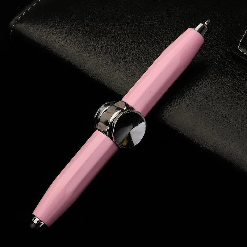 Metal ballpoint pen with a built-in fingertip gyro spinner and LED light, shown in multiple ink colour options.
