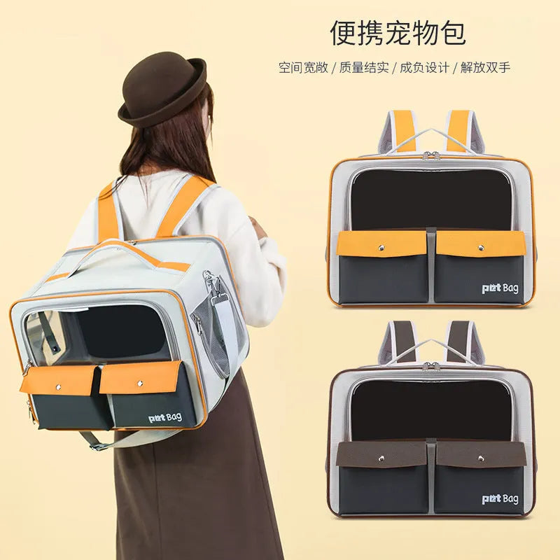 Portable nylon outdoor cat carrier backpack in brown with pull rod and foldable design