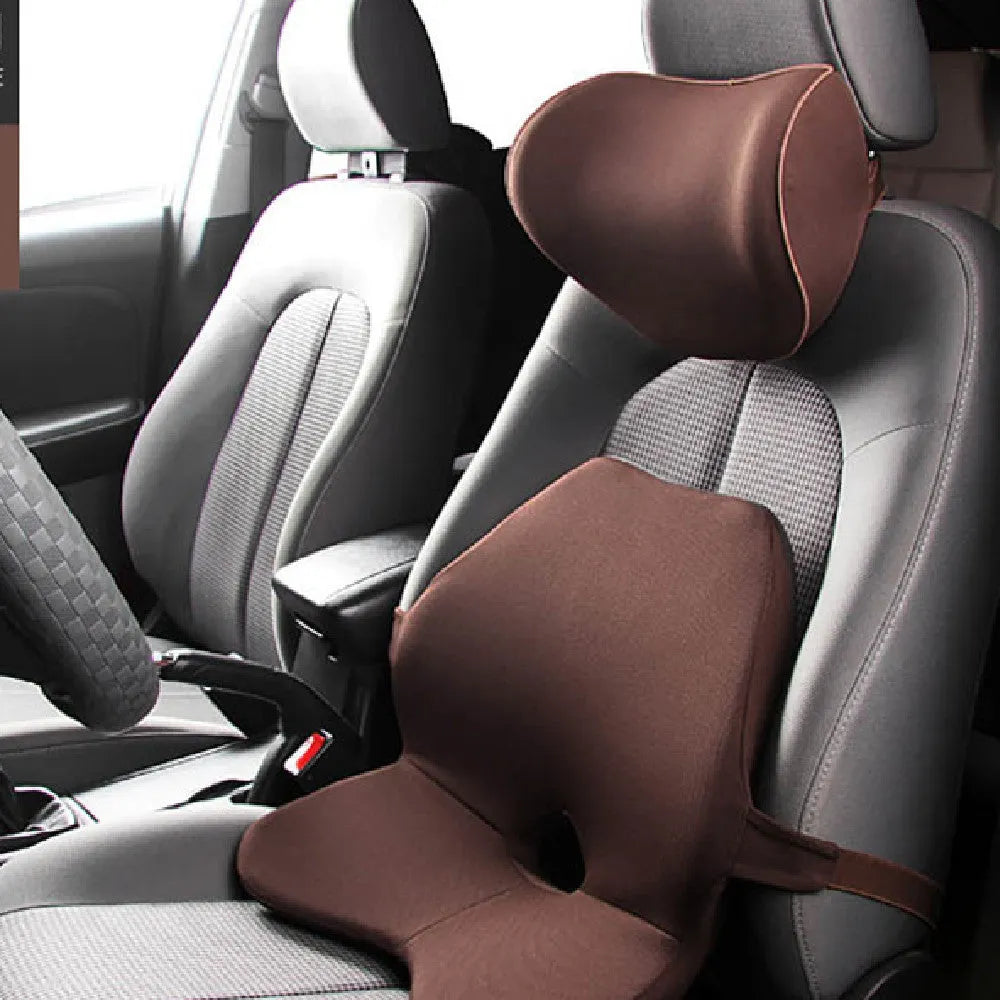 Car memory foam waist cushion with optional headrest in neutral colours for lumbar support while driving