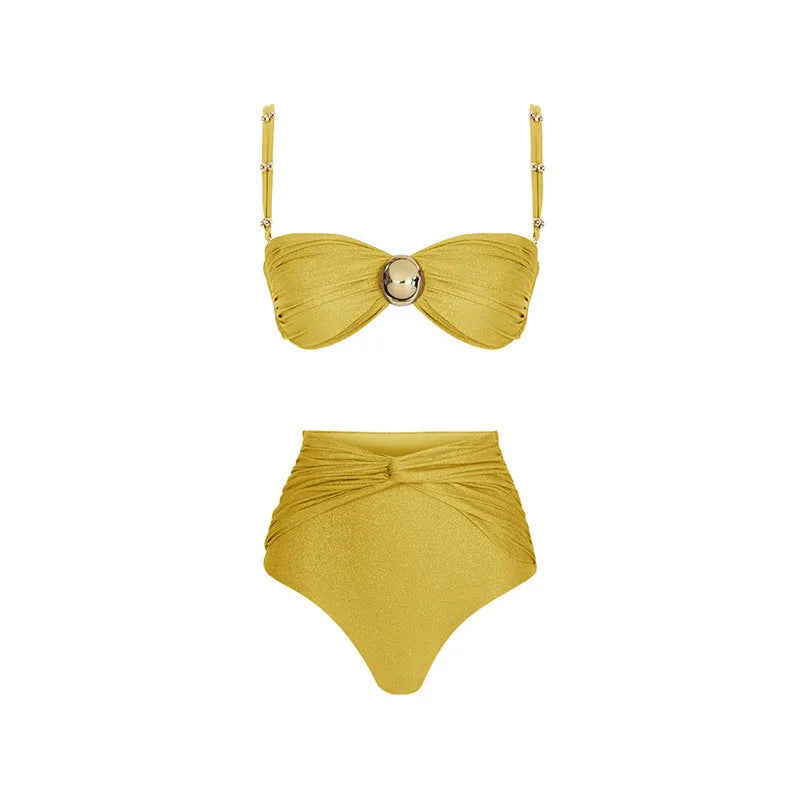 Women's yellow split high-waist bikini set with ruffled skirt laid flat