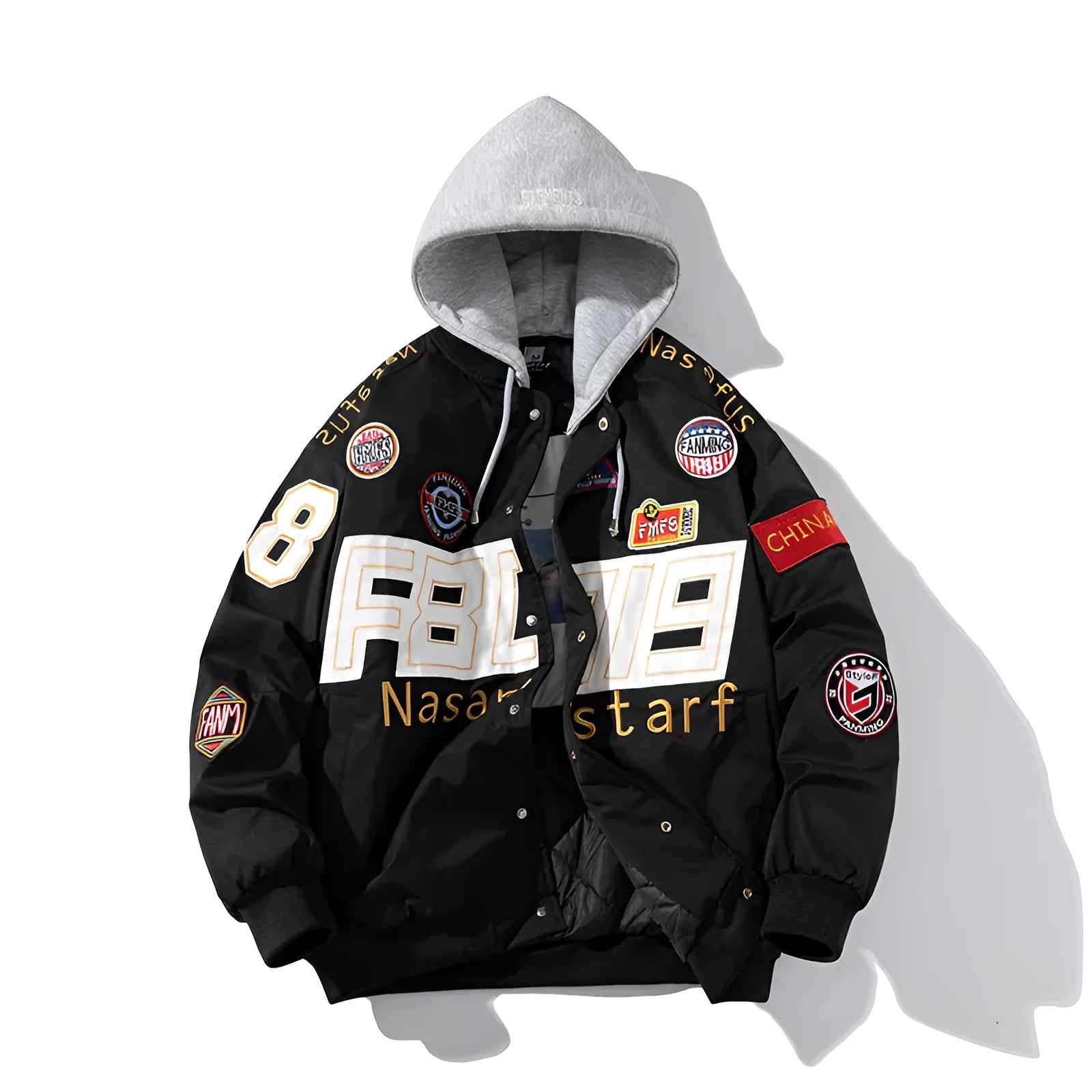 Black loose fit American motorcycle baseball jacket with side pockets on a mannequin.