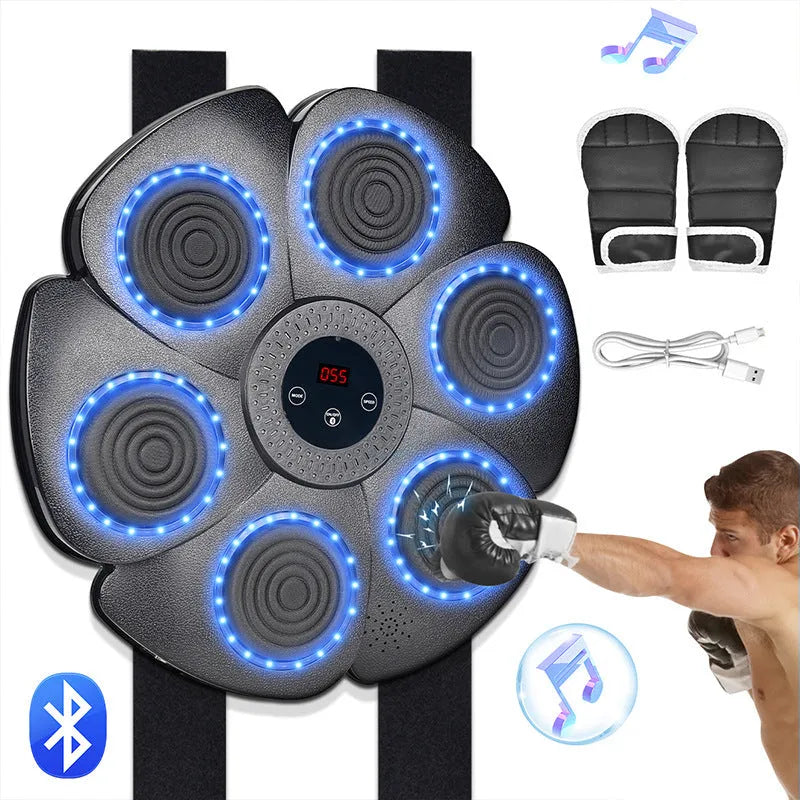 Black smart music boxing machine wall target with LED lights and Bluetooth connectivity