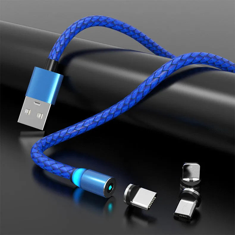 Multi-colour magnetic phone charging cable with breathing LED light and magnetic adapters for USB-C, Lightning, and Micro USB.
