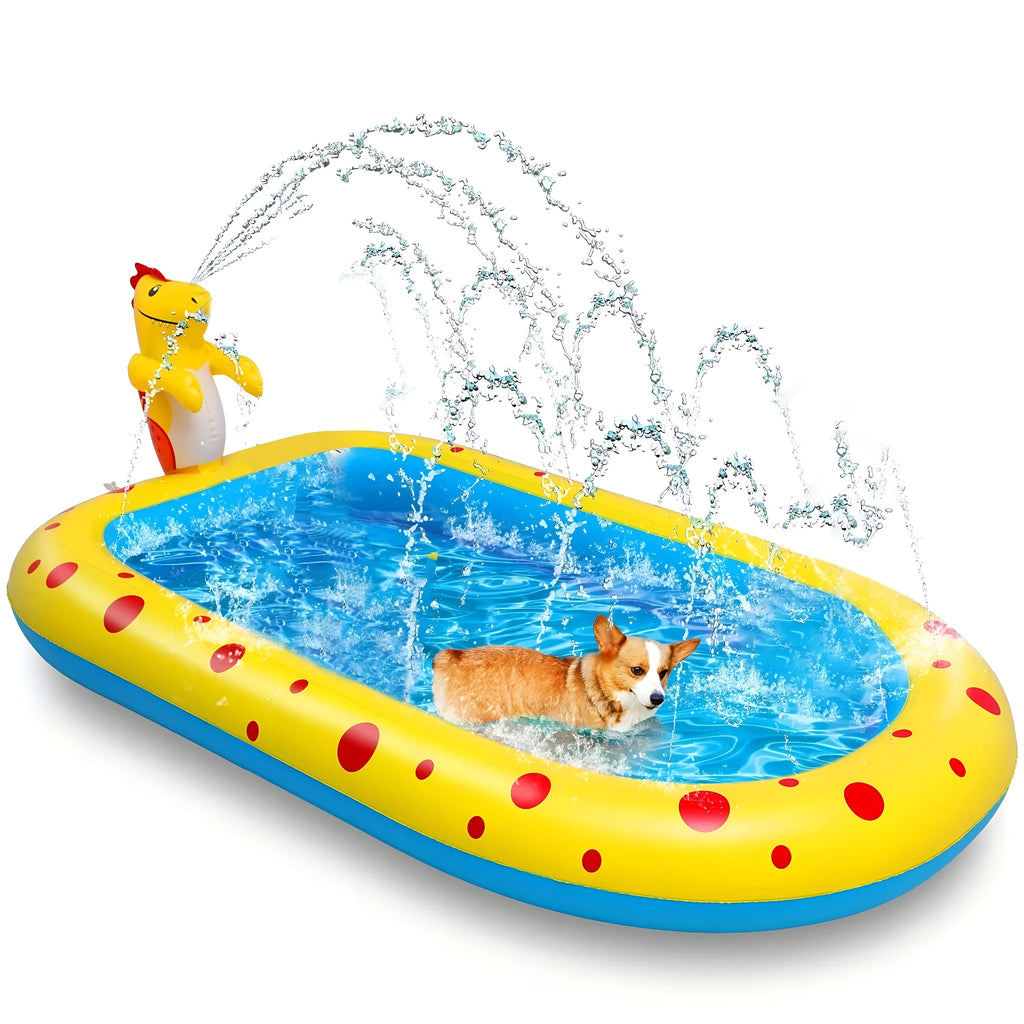Blue and yellow inflatable dinosaur and shark themed water spray pool for kids in a garden.
