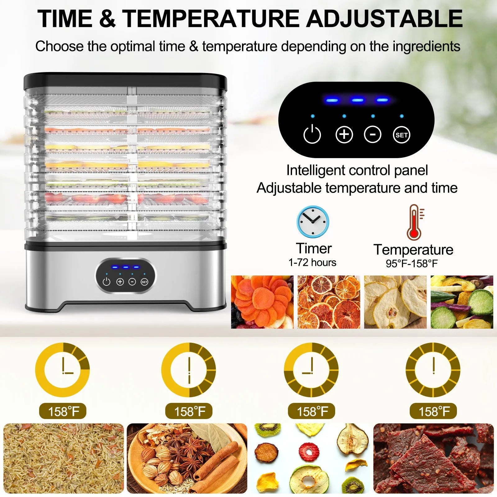 Silver and red household food dehydrator with eight drying trays showing expanded height