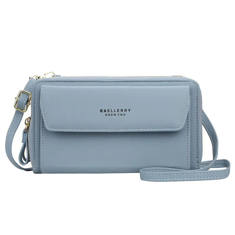 Ladies long wallet double zipper messenger bag in soft PU leather showing colour options
