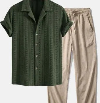 Slim-fit linen cardigan suit set with digital camouflage pattern including short-sleeve shirt and trousers