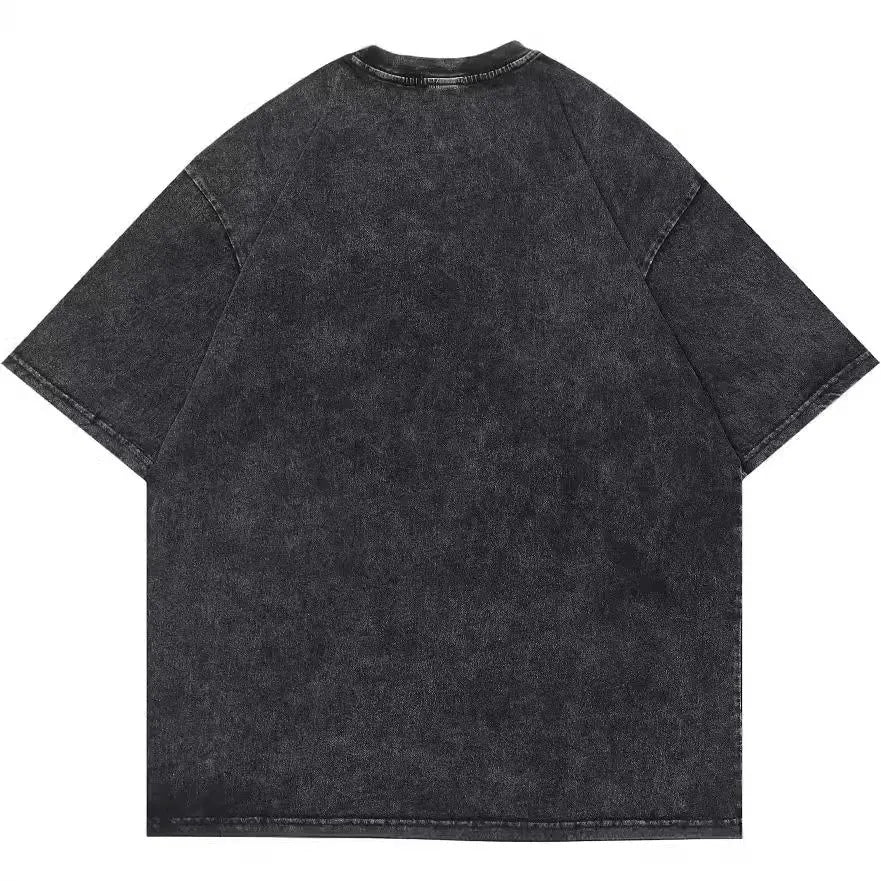Men's black cartoon-print cotton t-shirt with retro padded construction and loose street fit