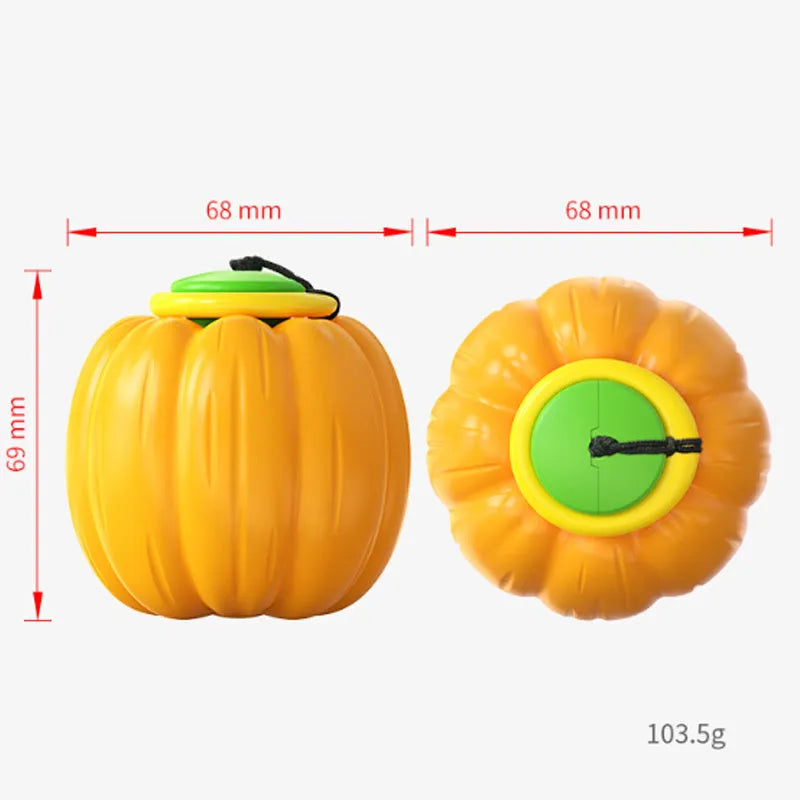 Green, orange, and yellow plastic pumpkin-shaped squeaky dog ball toy for small breeds.