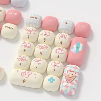 Sublimation printed cartoon pig party themed keycap set for mechanical keyboard, showing full 138-key layout.