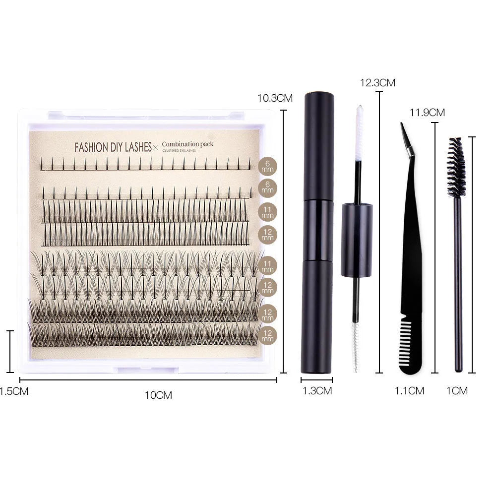 Single-cluster false eyelash kit with artificial fibre lashes, pink glue, and tweezers brush on white background