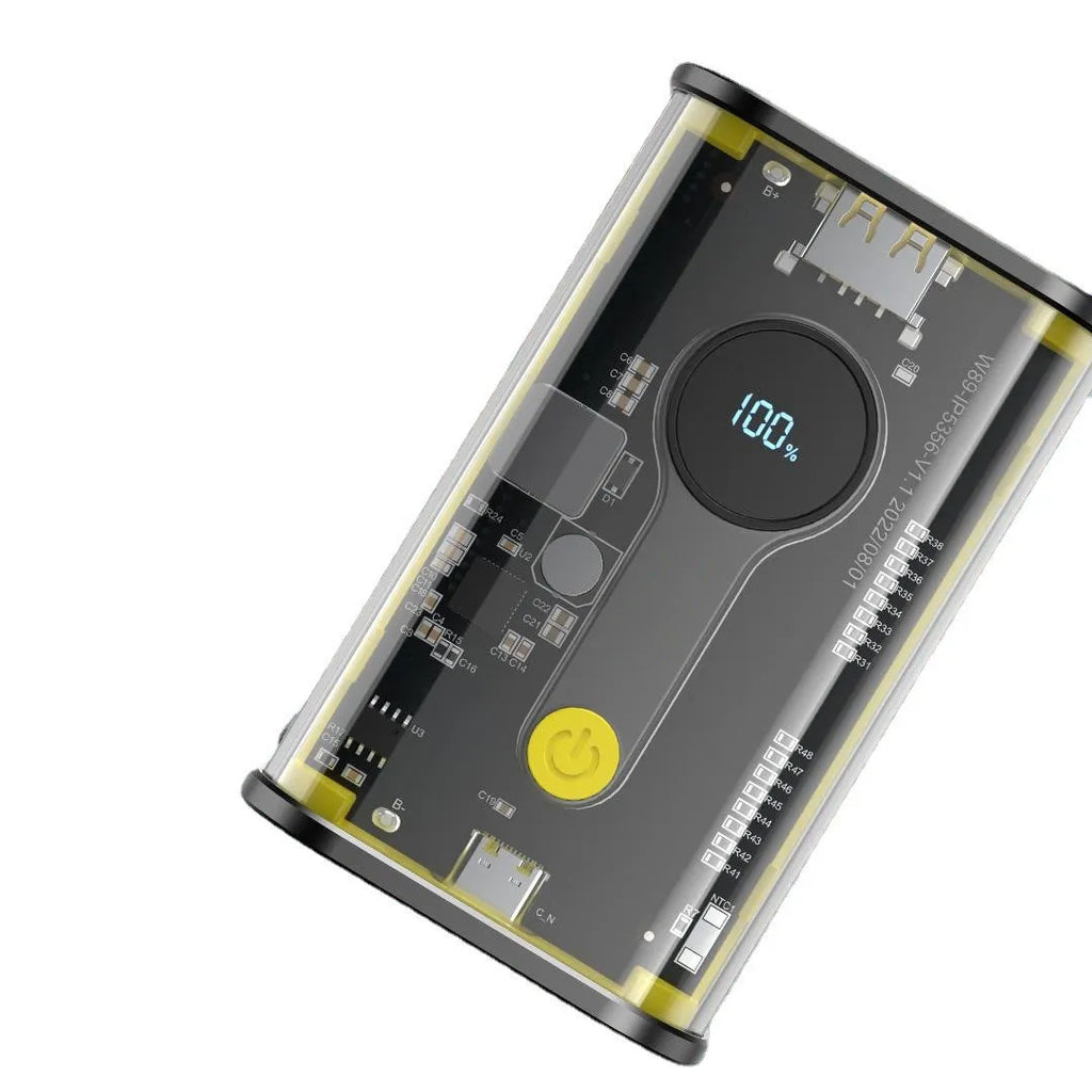Transparent industrial power bank with aluminium case showing internal 18650 battery cells