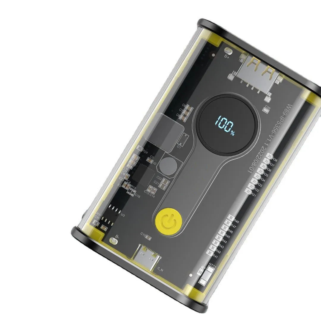 Transparent industrial power bank with aluminium case showing internal 18650 battery cells