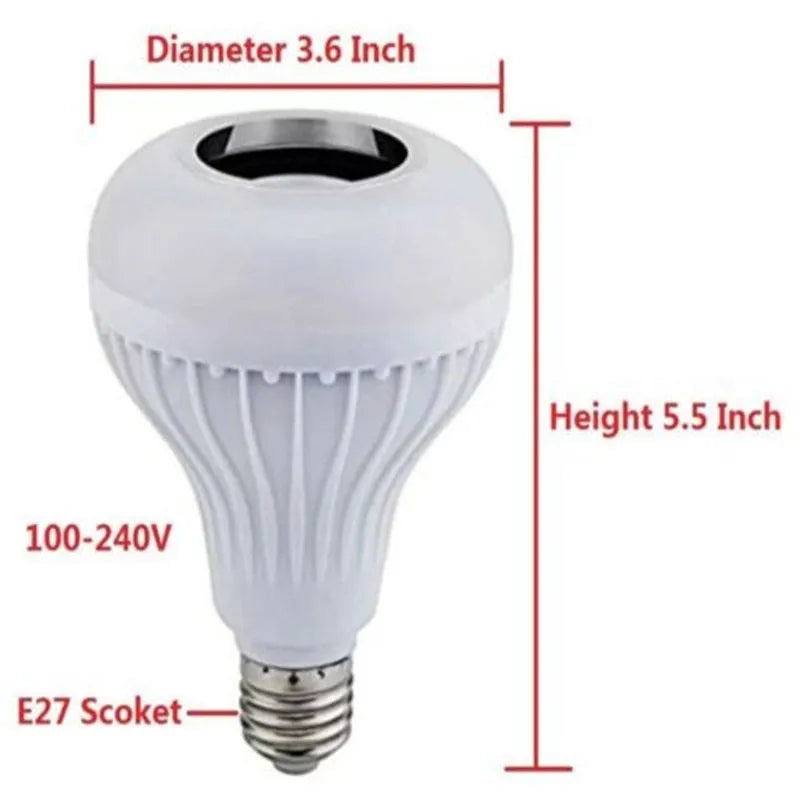 White Bluetooth speaker LED bulb with E27 base showing RGB colour options and remote control