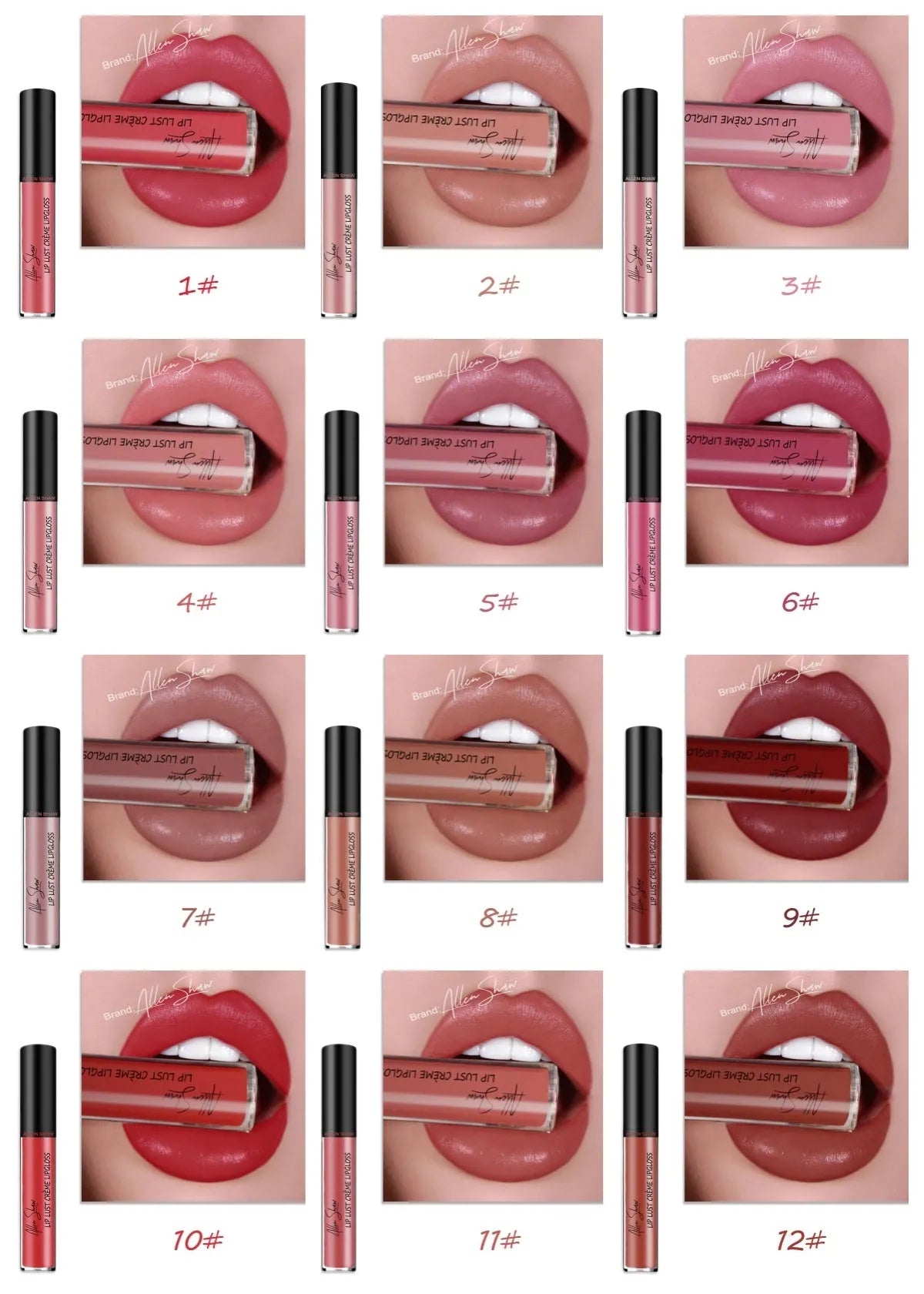 Silky cream texture lip gloss in twelve different colour shades with mineral formula