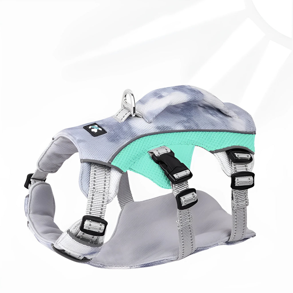 Reflective pet cooling chest strap in light blue colour with adjustable sizing options