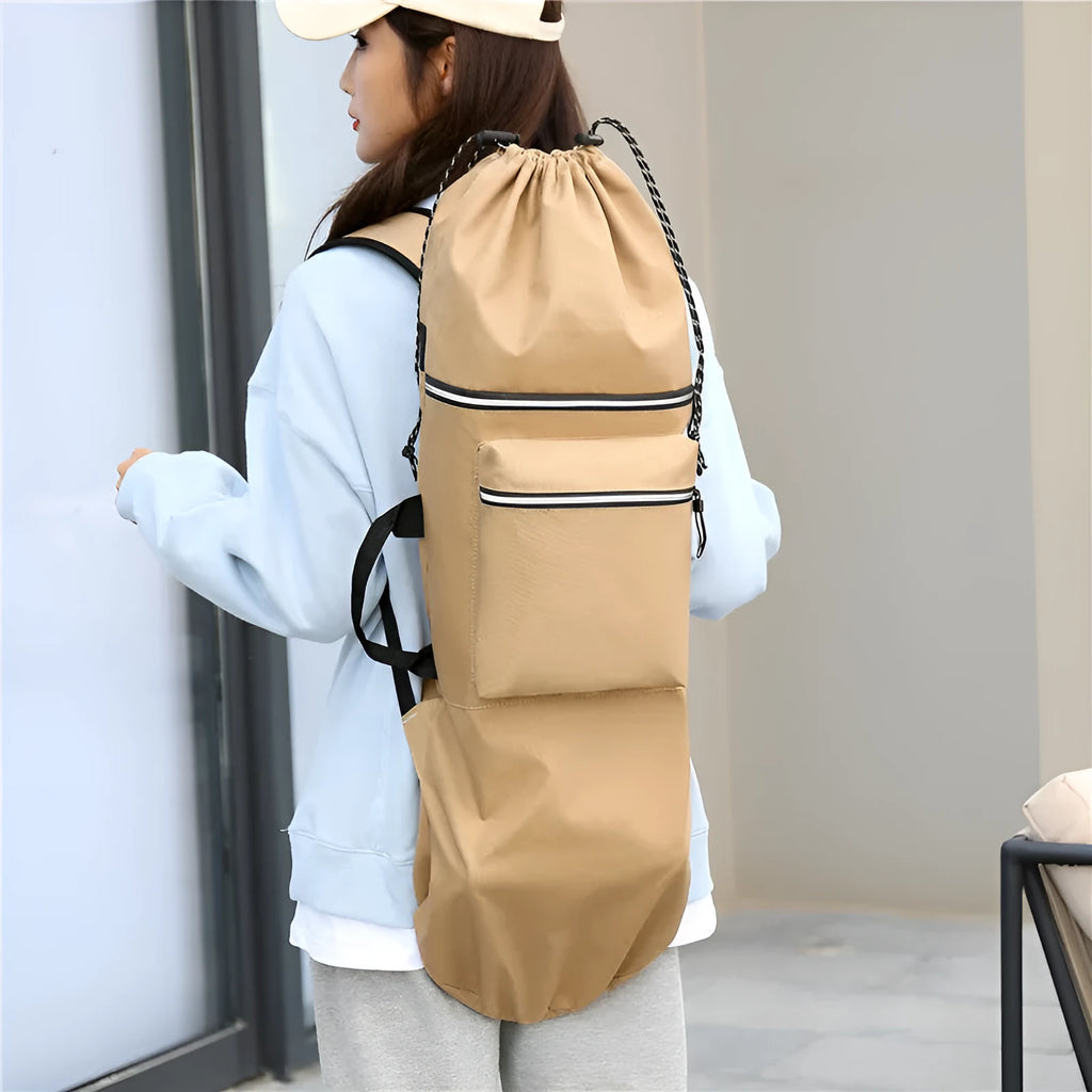 Waterproof nylon skateboard backpack with 20-35L capacity shown in camouflage colour option