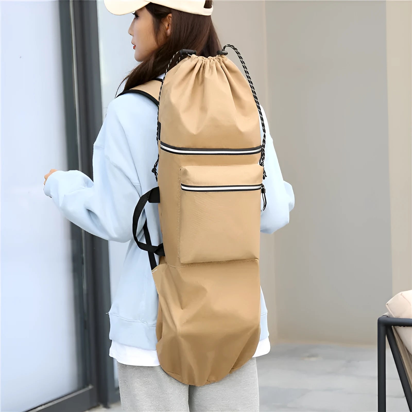 Waterproof nylon skateboard backpack with 20-35L capacity shown in camouflage colour option