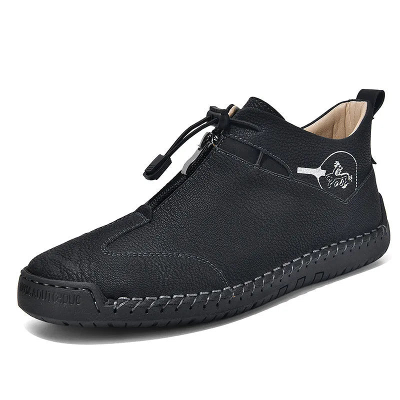 Men's casual leather shoes with mid heel and tall crown in black blue green khaki colours