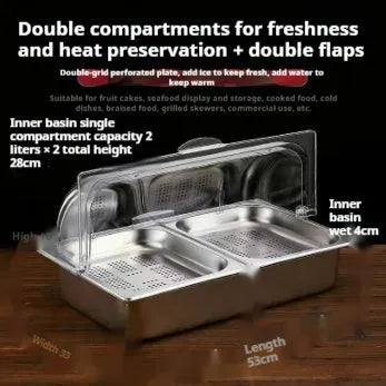 Stainless steel commercial dining plate display box with a removable lid and multiple inner compartments.