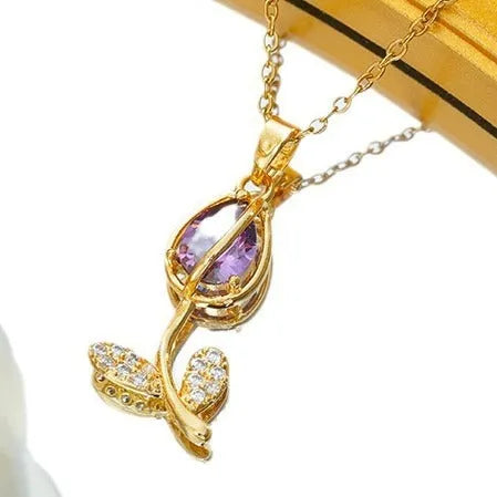 Zircon tulip necklace for women with titanium steel chain and floral pendant
