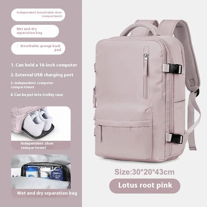 Large grey lightweight Oxford cloth travel backpack with curved shoulder straps shown from the side.