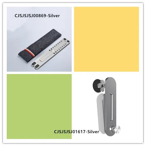 Foldable aluminium laptop stand in silver, shown open at an angle and folded flat.