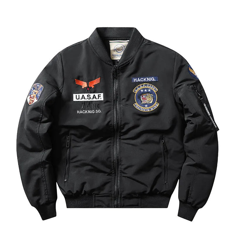 Men's slim-fit stand collar retro motorcycle cotton-padded coat in blue, black, green, or red.