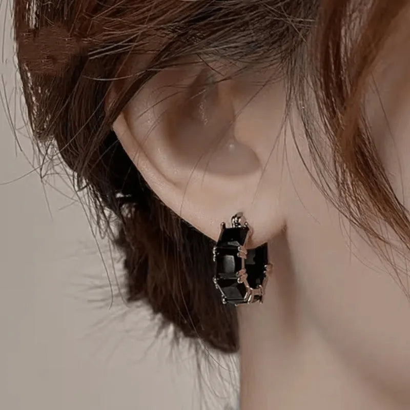 Geometric U-shaped women's earrings with crystal zirconium elements in black, pink, or white variants