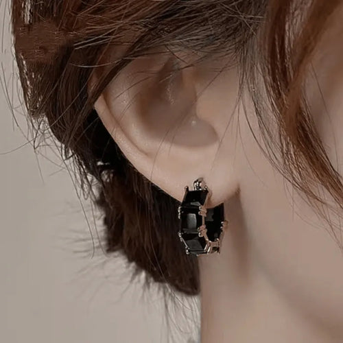 Geometric U-shaped women's earrings with crystal zirconium elements in black, pink, or white variants
