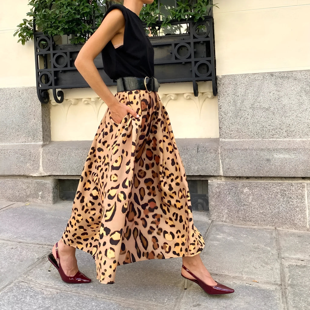 Brown leopard print women's A-line long skirt with big hem and structured polyester fabric