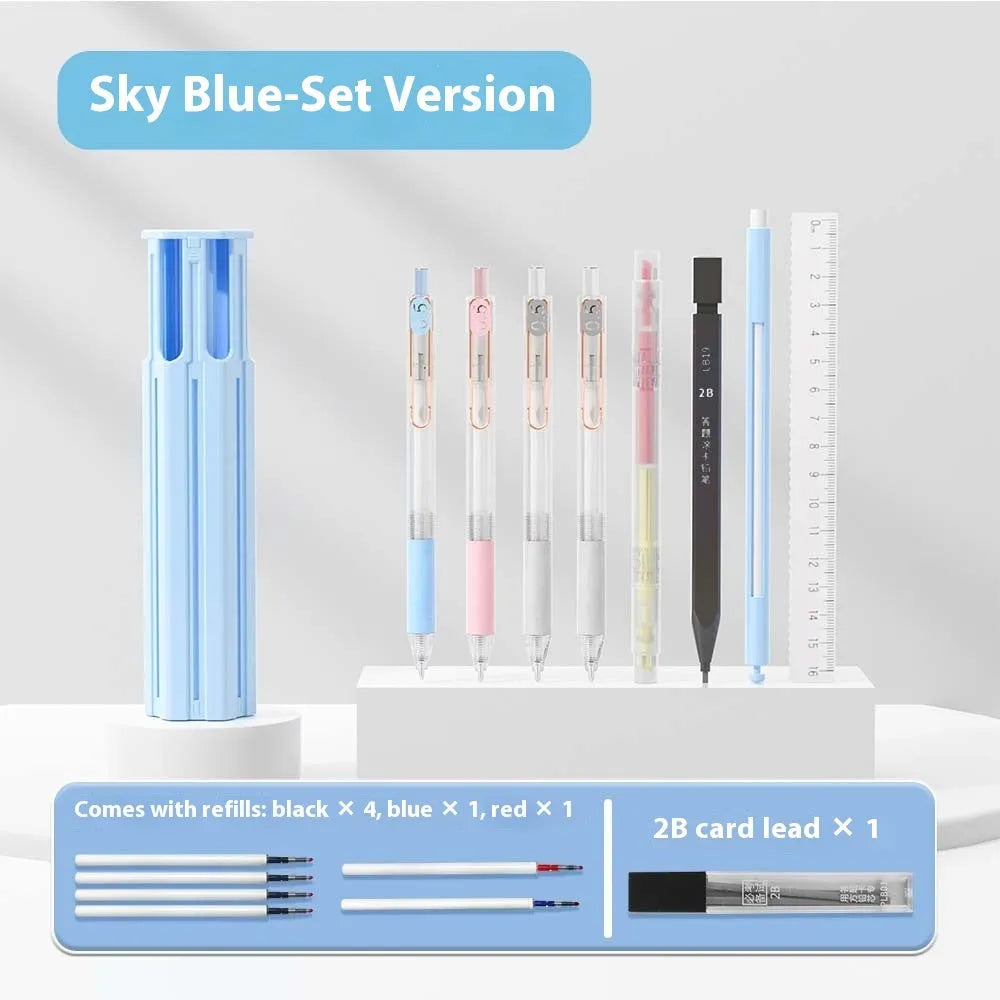 Plastic pencil case kit with pressing pen in pink, blue, or white, showing six-piece and sixteen-piece set options